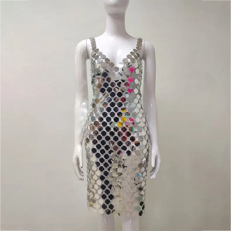 Custom Logo Brands Designer Clothes Famous Brands Women Special Occasion Metal Chain Dress Metallic Dress Bodycon Club dress