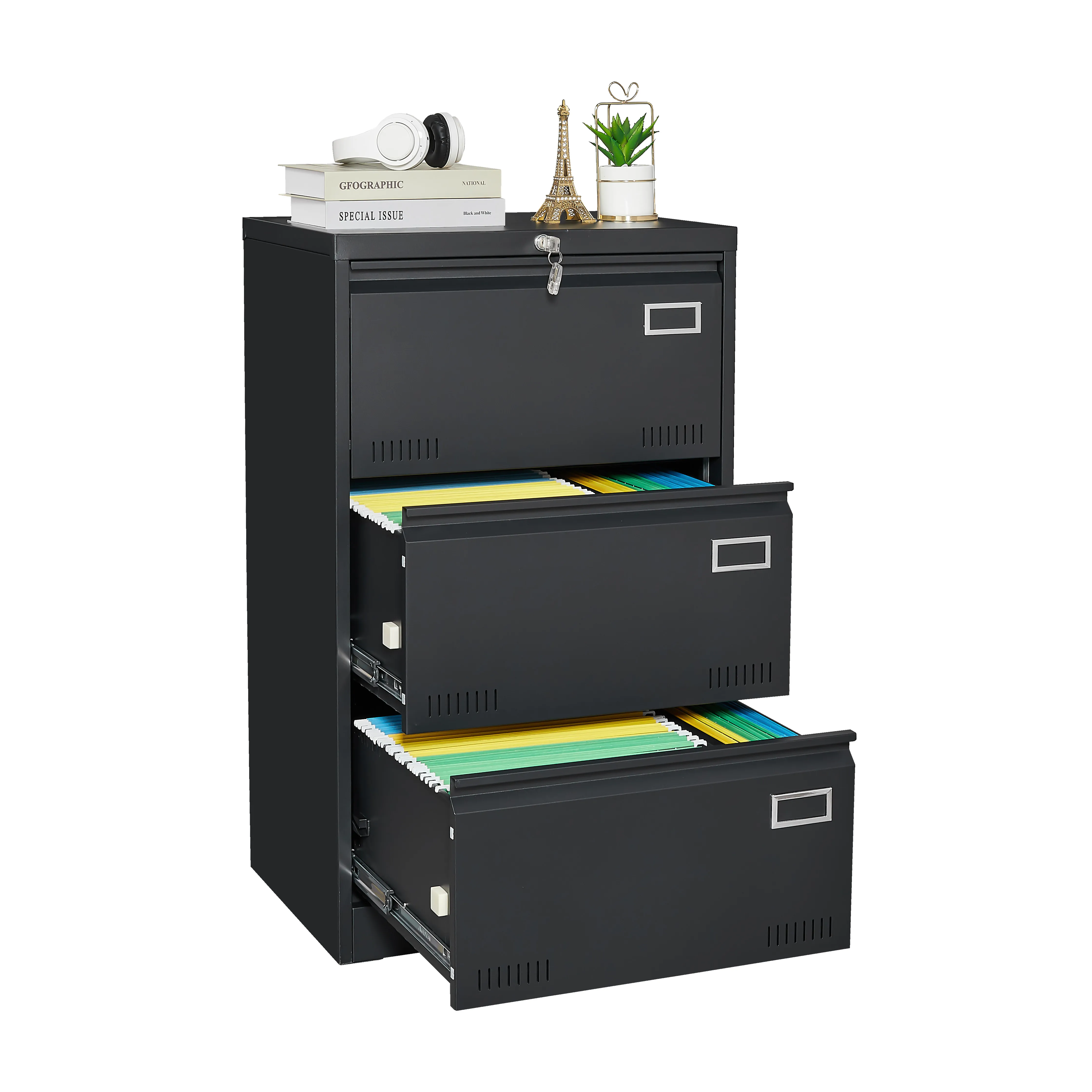 Factory Price 3 Drawers Steel File Cabinet Black Vertical Metal Storage Cabinet for Home Office