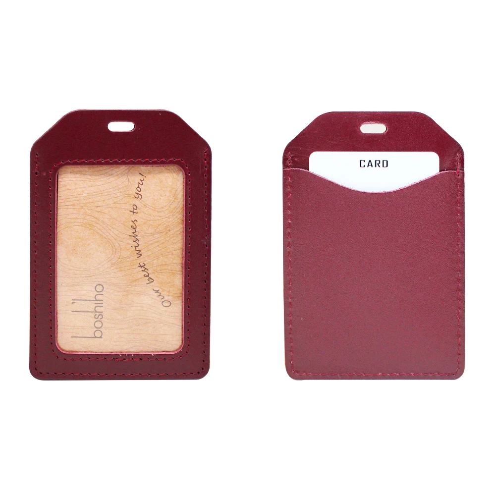 Boshiho Vegetable Tanned Leather Vertical  Name Holder Back Pocket Employee Tag Case Commuter Pass Case ID Card Holder Case