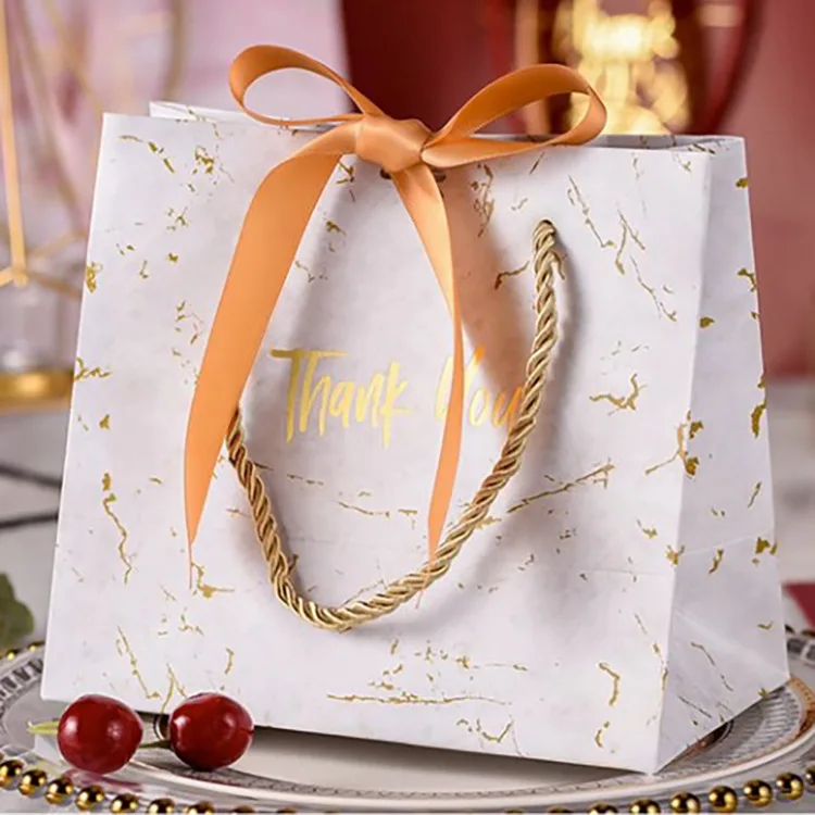 Custom Marbling Thank You Tote Bag Gold Luxury Gift Bag Fancy Wedding Paper Bag with Bow Ribbon