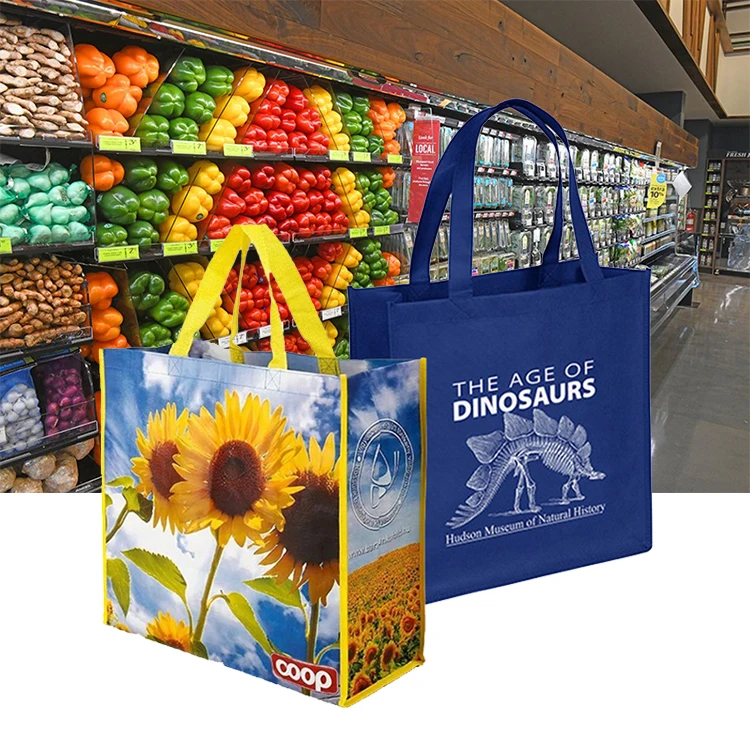 Custom printed eco friendly recycle pp fabric non woven wine shopping carry reusable grocery tote bags with