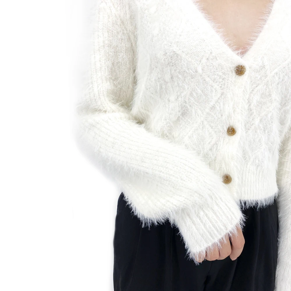 Custom Oem Fall Autumn High Quality White Warm Mohair Wool V Neck Cardigan Sweater With Buttons For Women