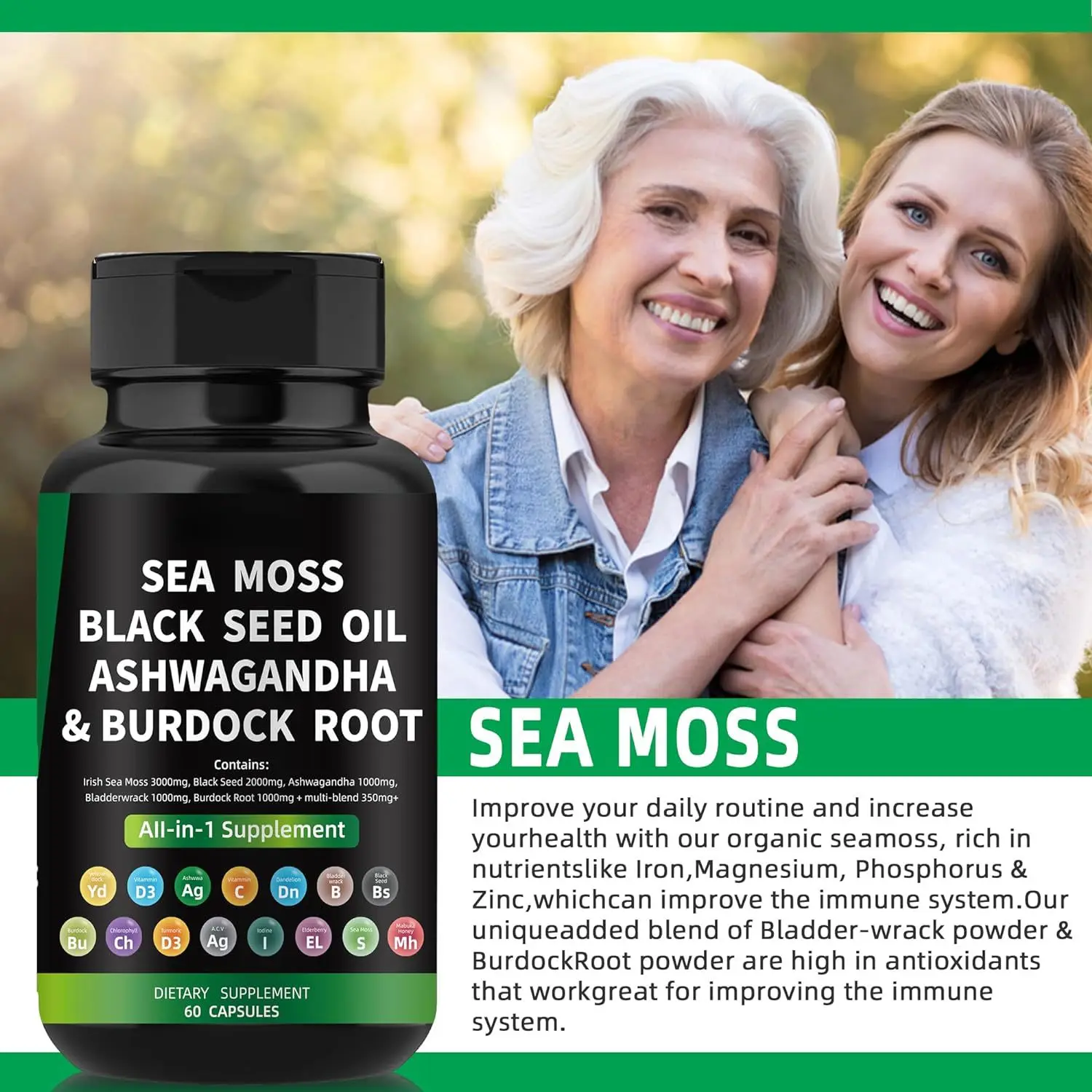 private label  all in Sea Moss Irish Black Seed Oil Ashwagandha capsules with Burdock Root as Multivitamin  health Supplements