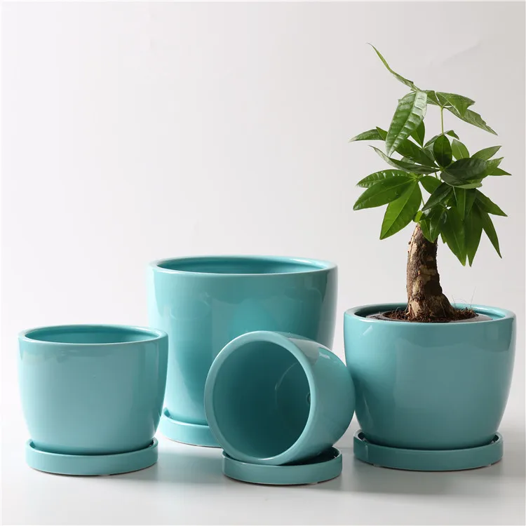 Customized logo solid color balcony decorative home decoration pieces ceramic flower pots with tray