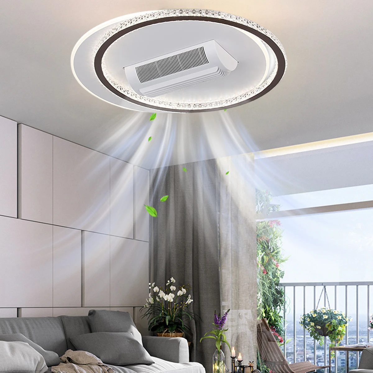 Fandelier Ceiling Fan Flush Mout Smart Bladeless Low Profile LED Ceiling Fan Light with Remote & Mobile Phone Control