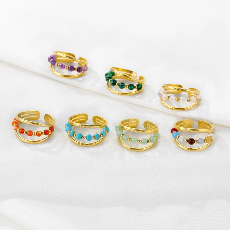BINSHUO Bohemia Waterproof Stainless Steel Natural Stone Opening Adjustable Ring 18K Gold Plating Stackable Beaded Stone Ring