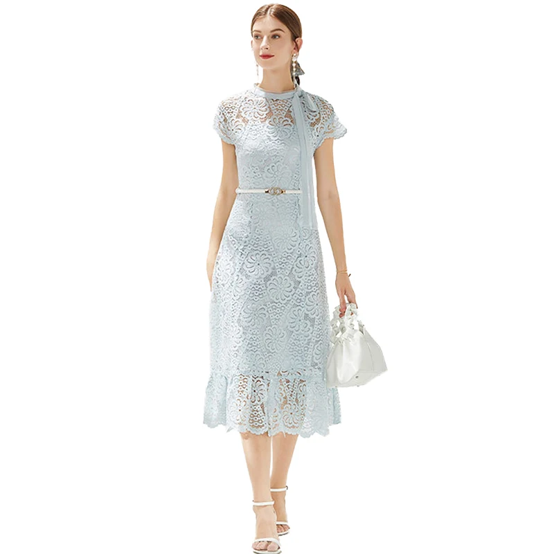 Ladies Retro Temperament Hollow Lace Mesh Large Cutout Print Skirt One-Piece Dress