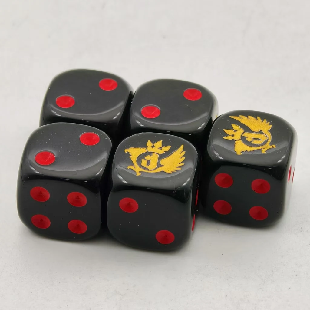 luxury colored low moq corner black dice set engrave customized logo symbol plastic acrylic d6 16mm adult games casino dice set