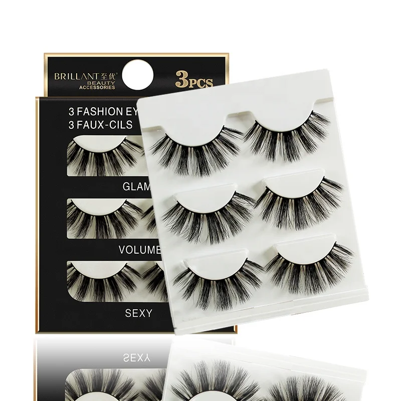 
Factory Luxury 3 Pairs Multi Pack Faux Mink 3D Strip Eyelashes For Private Label 