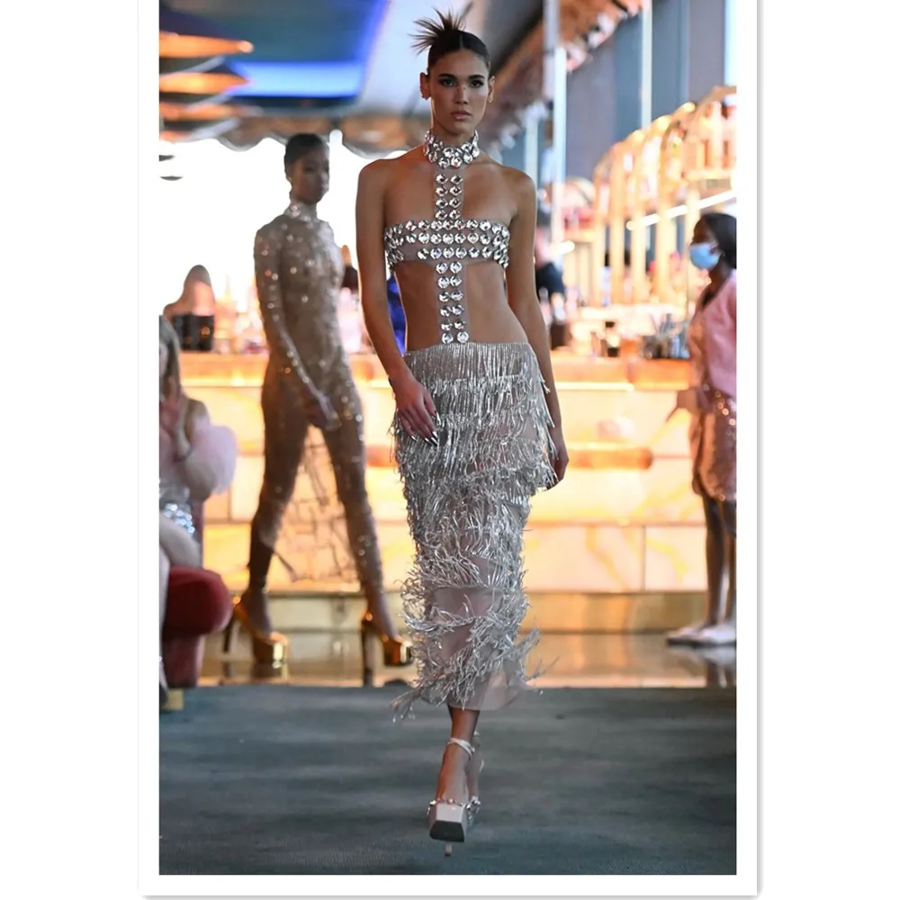 New Designer Hand Beading Women Celebrity Nightclub Party Fashionable Elegant Sexy Evening Dress