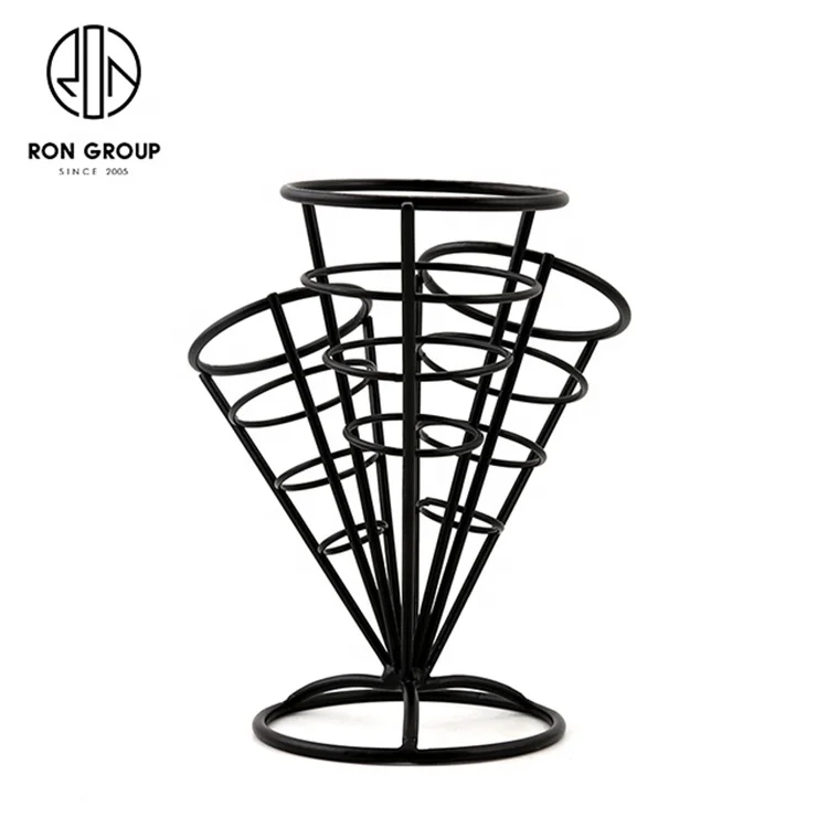High Quality Restaurant Use Kitchenware Snacks Metal Basket Rack Display Wire Iron Matte Black 3 Cones French Fry Holder Stand