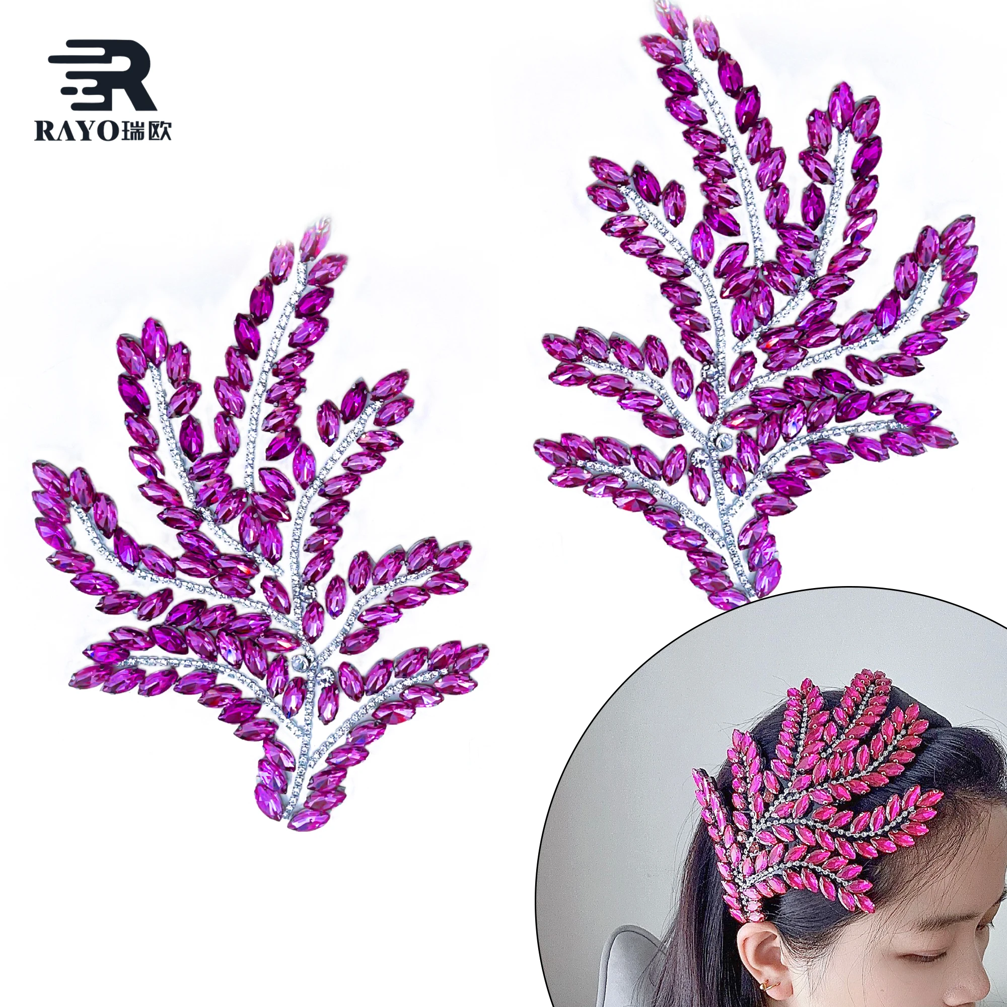 RAYO Special Leaf Rhinestone Applique For Evening Dress Decoration Hair Accessories Glass stone Applique Sew-on technique
