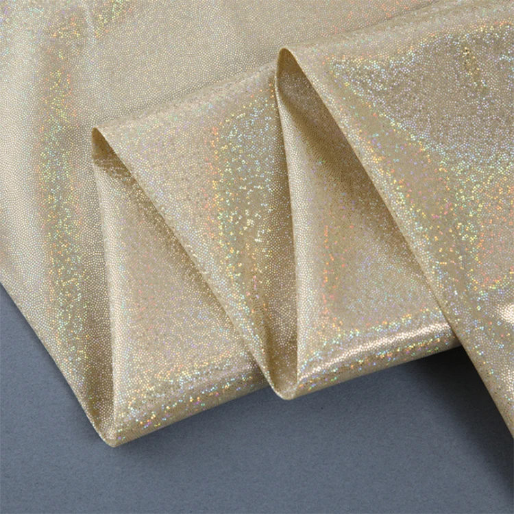 Polyester Golden Shiny Silver Glitter Holographic Hologram Metallic Lurex Print Foil Stretch Fabric For Dresses