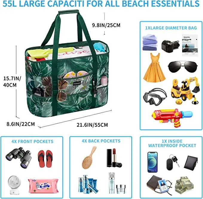 Ruthbag mesh Beach Bag Extra Large Bags with 9 Pockets & Zipper Waterproof Lightweight Beach Tote for Beach/Pool Trip