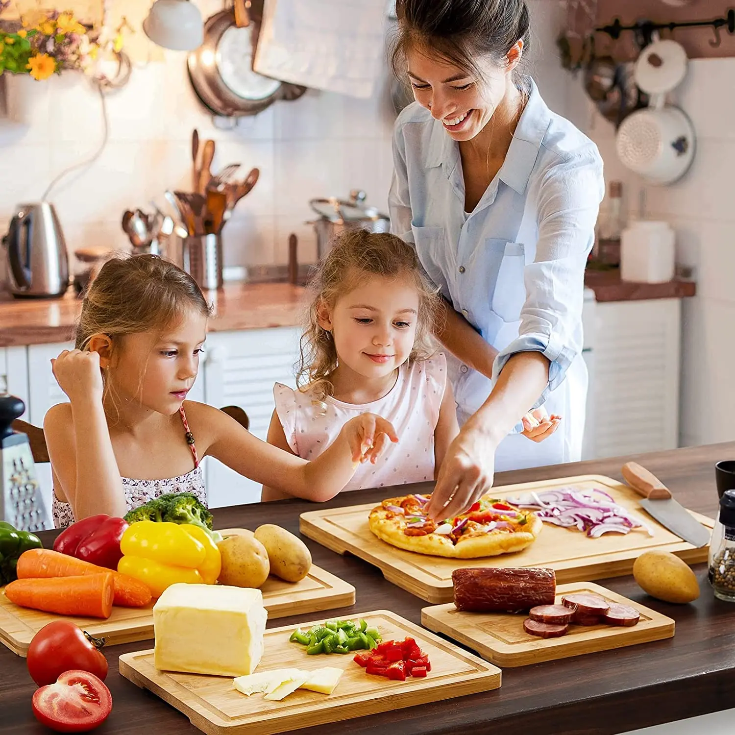 5-Piece Wood Cutting Board Set with Juice Groove Bamboo Chopping Board for Kitchen