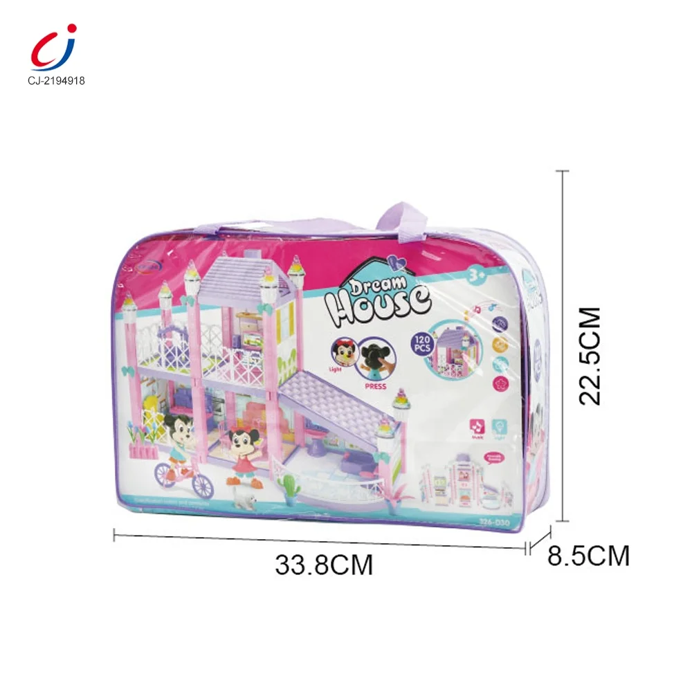 Kids play plastic hand-assembled building blocks sets diy miniature furniture doll villa house girls toys doll house with light