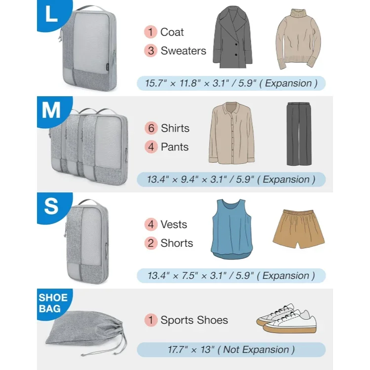 Oem Factory Compression Packing Cubes For Suitcase Suitcase Organizer With Shoe Bag Travel Accessories With Laundry Bag