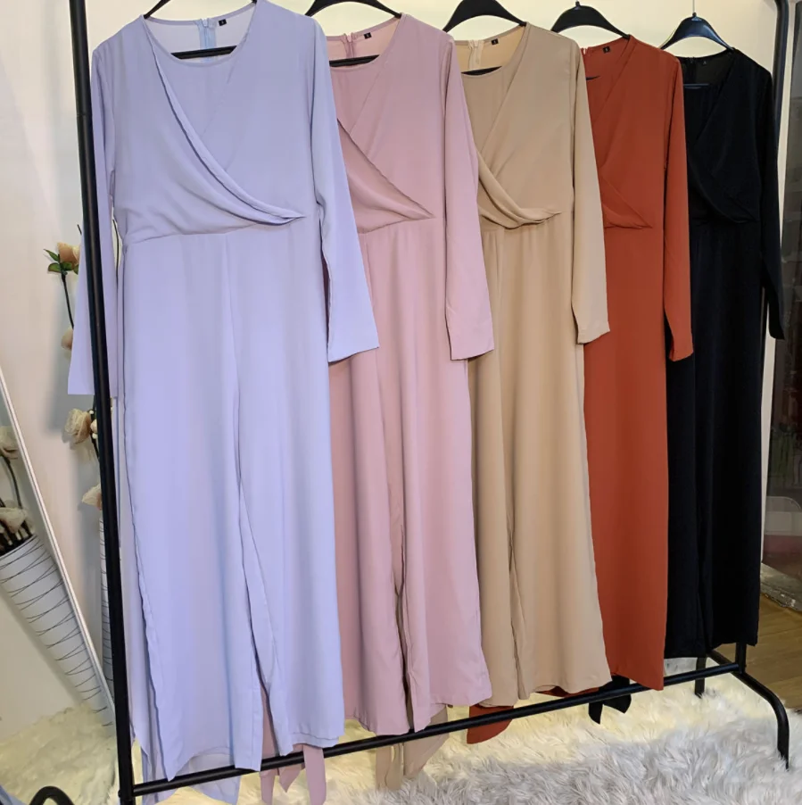Wholesale Solid Color V-Neck Stitching One Piece Wide Leg Pants Modest Muslim Islamic Suit Jumpsuit Clothing for Women