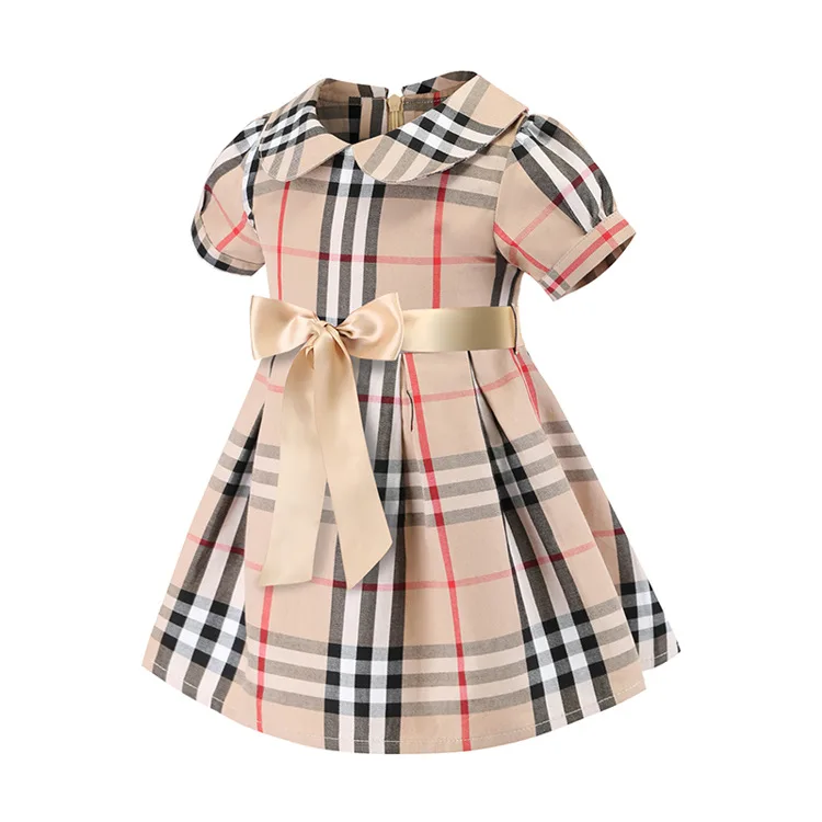 High Quality Summer Little Girls Plaid Puffy Dress Short Sleeve Big Bow Flare Ball Gown Toddler Princess Dress