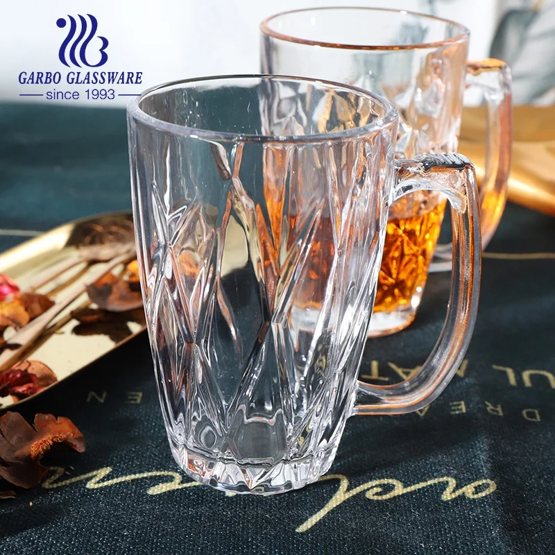 Massive production glassware exclusive embossed 12oz transparent glass tea mug 340ml glass coffee mug with 8 mixed mold designs