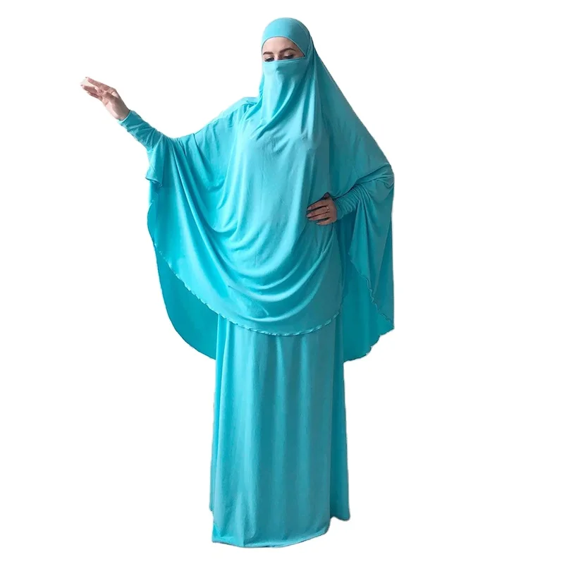 Islamic Ramadan Muslim Turquoise Jersey Long Hijab With Skirt Two Piece Sets Telekung Prayer