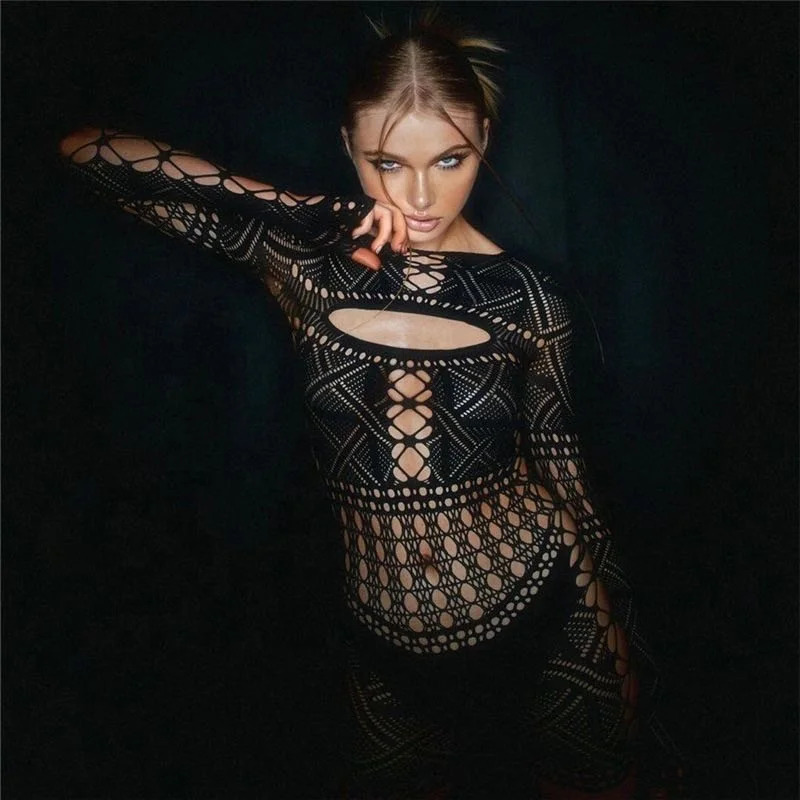 ZHEZHE Black Mesh Hollow Out Romper Night Club For Women 2024 Summer Sexy Long Sleeve See Through Jumpsuit