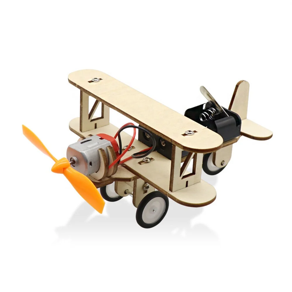 DIY Electric Wooden plane Taxiing Model Toys Dual Motor Biplane for Children Small Inventions Scientific Experiments Gift kids
