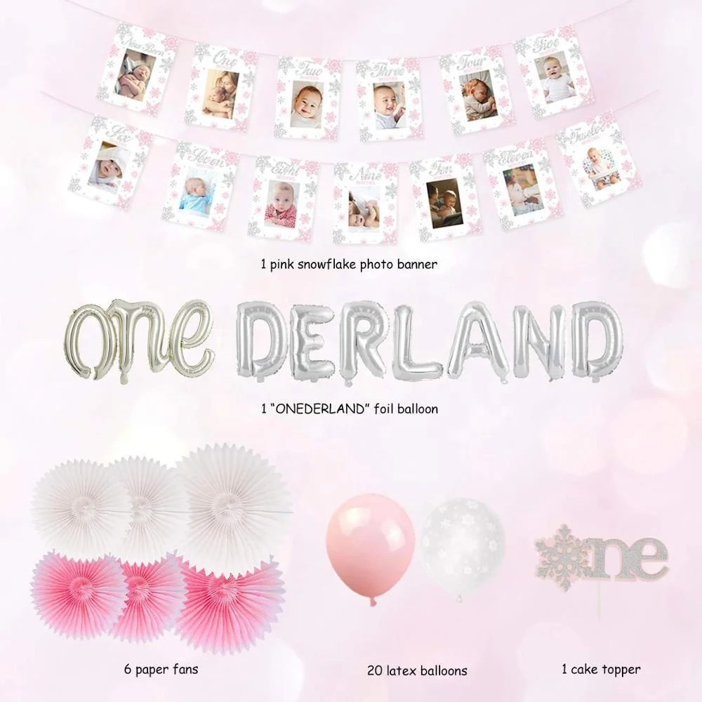 Winter Onederland Balloons 1st Birthday Decorations Pink First Birthday Party Supplies Snowflake Photo Banner Onderland Bannar