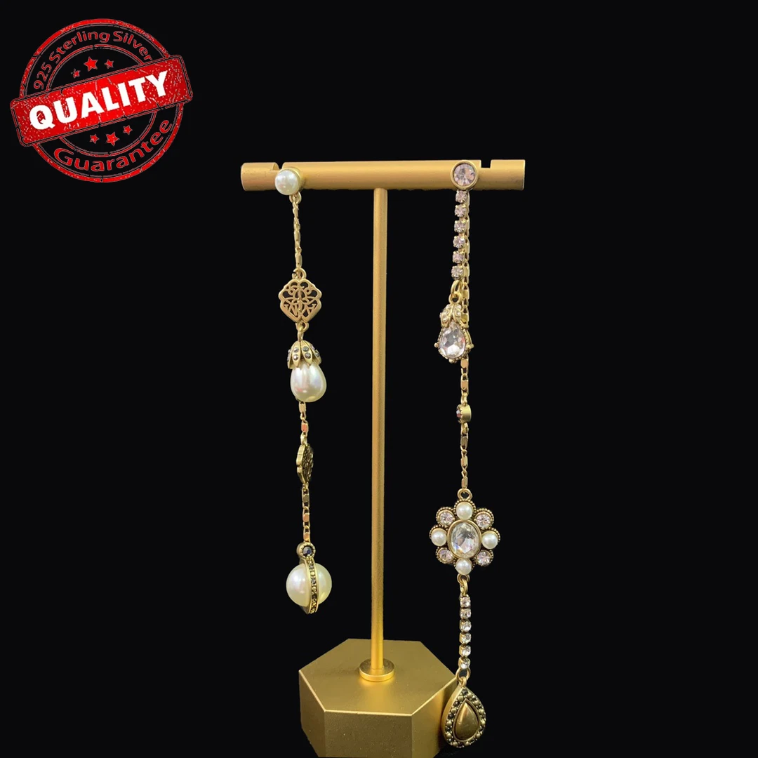 Alexander McQueens Cross border factory 925 silver  long and short tassel pearl studded earrings holiday high-value accessories
