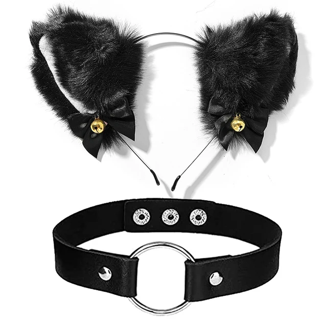 2Pcs Black Cat Ear Headband with Bell Heart Chocker Necklace Girl Plush Furry Cat Ear Hair Band Women Girls Cosplay Party Dress