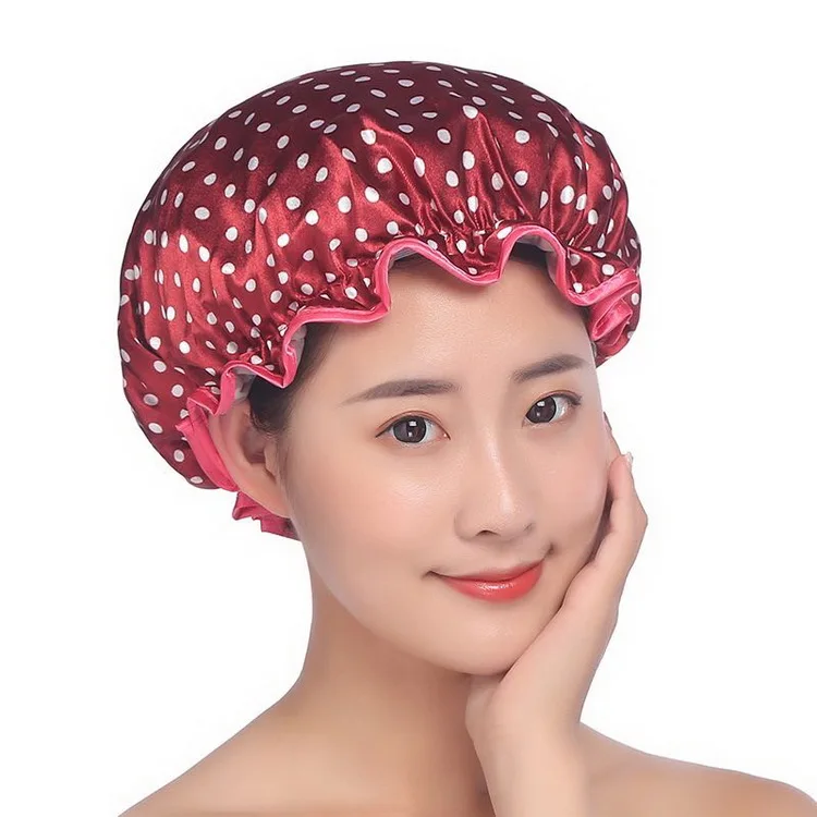 New Fashion Women Small Dot Double-Layer EVA Waterproof Satin Lace Shower Cap