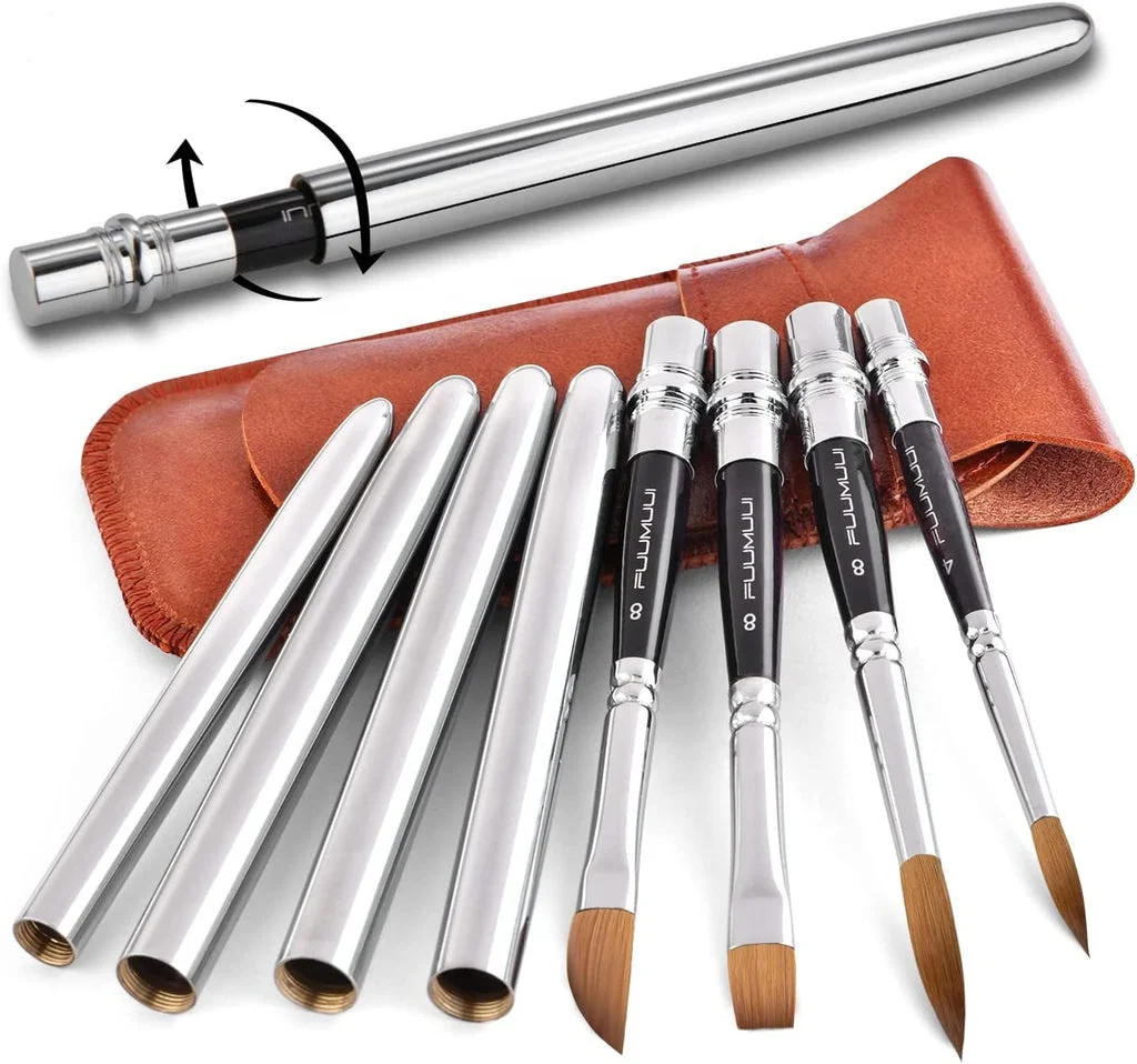 Hot Sale Brushes Travel Acrylic Paint Brush Set Wooden Handle Acrylic Manual Short Rod Watercolor Painting Brush With Leather