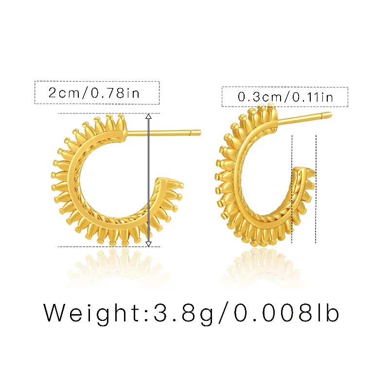 CLARMER Wholesale INS Retro Toothed Wheel Stud Earrings Fashion 18K Real Gold Plated Brass C-shaped Earring for Women
