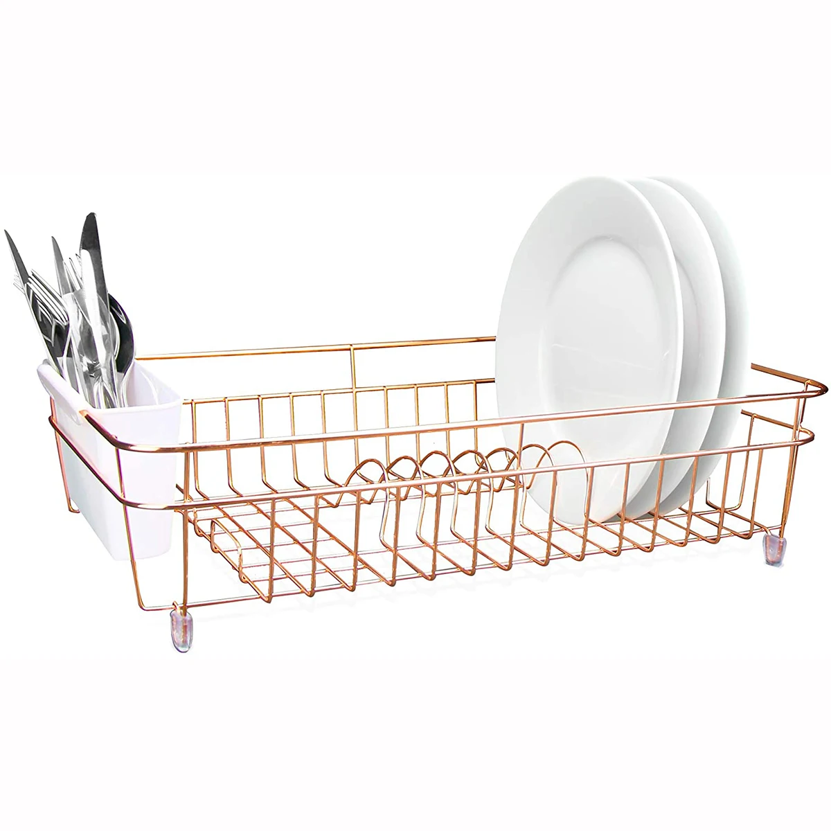 Rose Gold Basket Large Dish Drying Rack Golden Dish Drainer Organizer Includes Removable Cutlery and Cup Holder