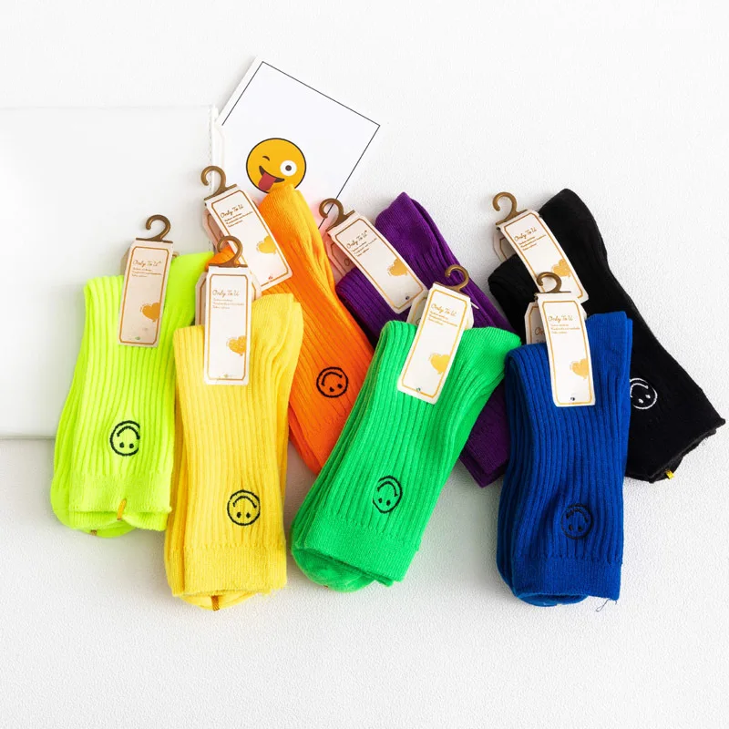 HEHE Custom Cotton Logo Autumn and Winter crew socks pure fluorescent color socks for women with embroidery smiley face patterns