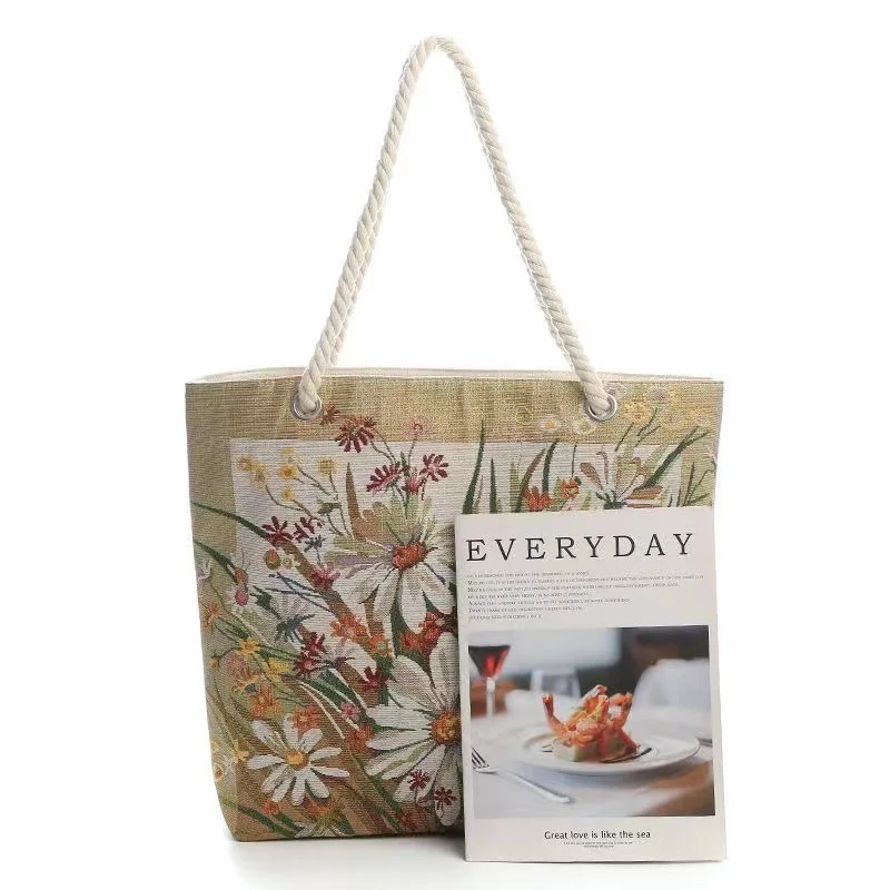 New retro durable daisy handbag double-sided embroidered thick rope handle comfortable tote bag