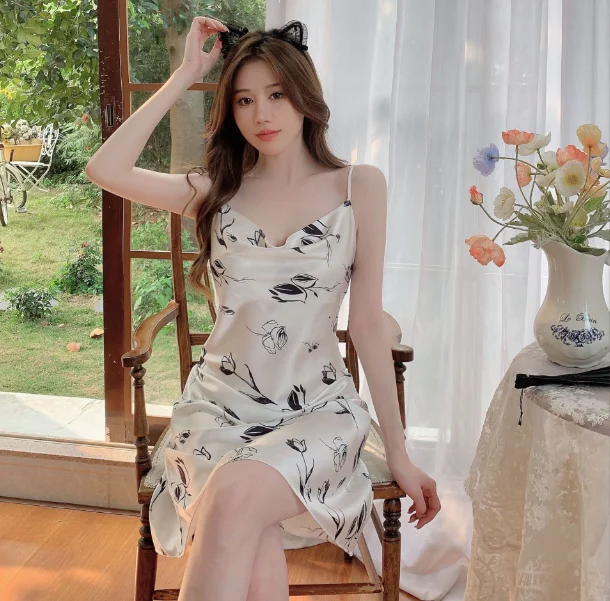 2024 new sexy nightdress ladies summer halter ice silk pajamas printed pure desire pajamas
