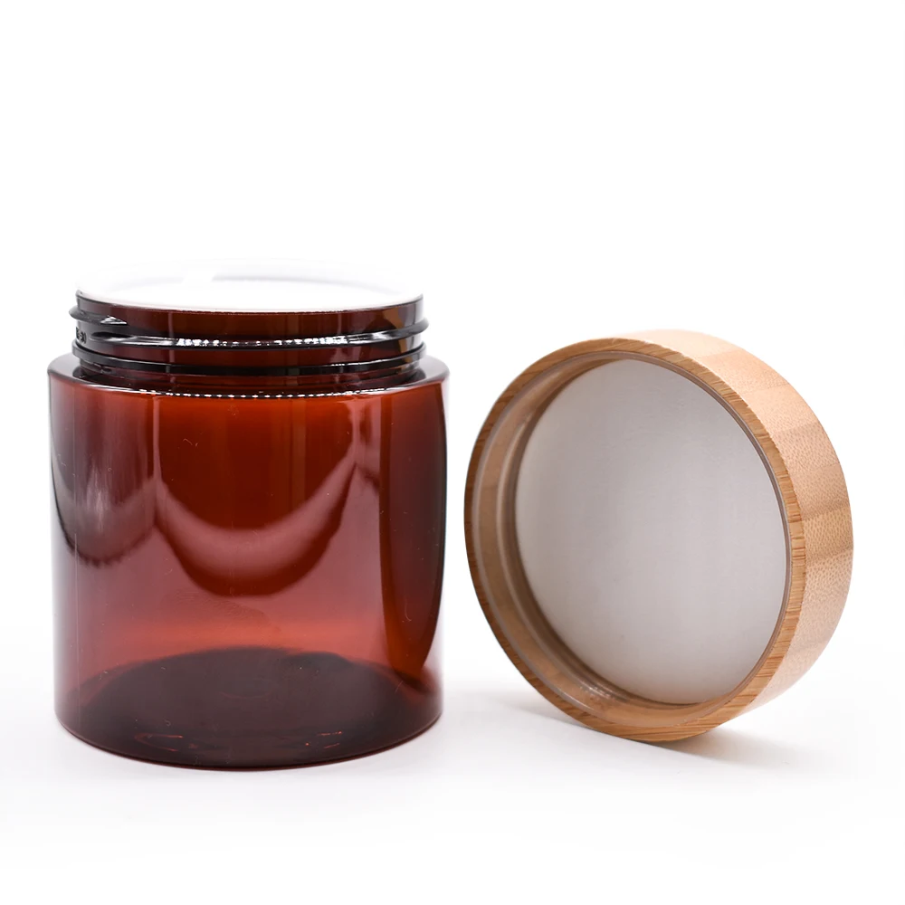 8oz plastic jar bamboo lid PET amber jar with bamboo wooden lid plastic jar best seller