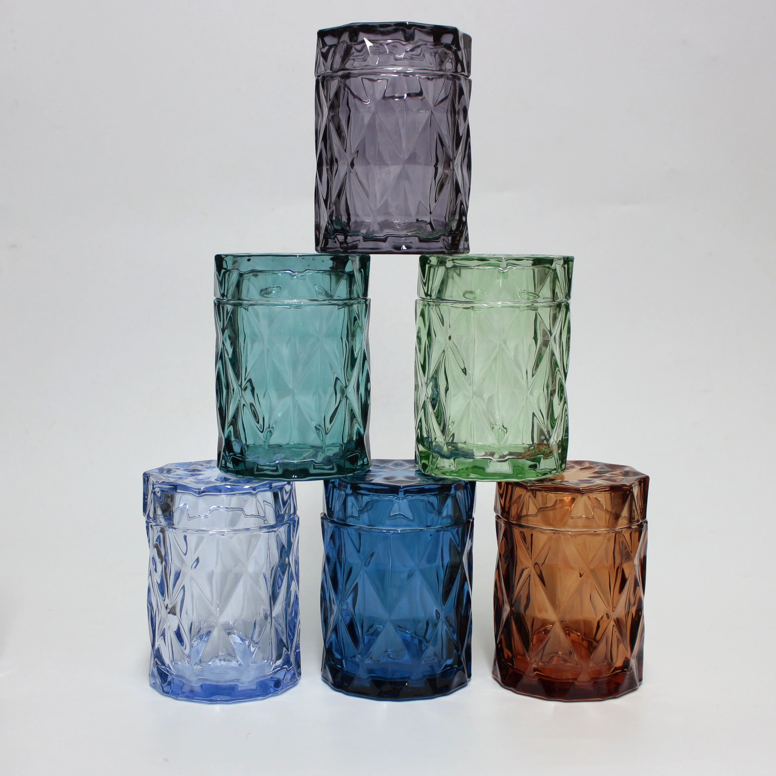 FENGJUN textured prism fluted translucent empty unique iridescent embossed glass candle jar with glass lids for candle making