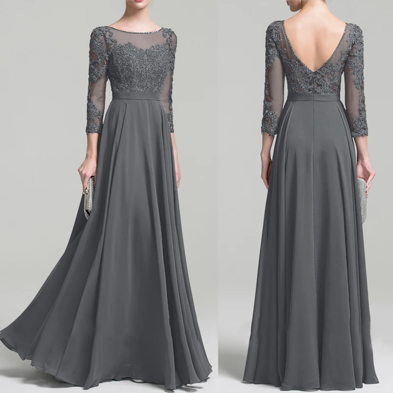 Floor Length Long Sleeve Long Gown Gray Color Women Bridesmaid Dresses