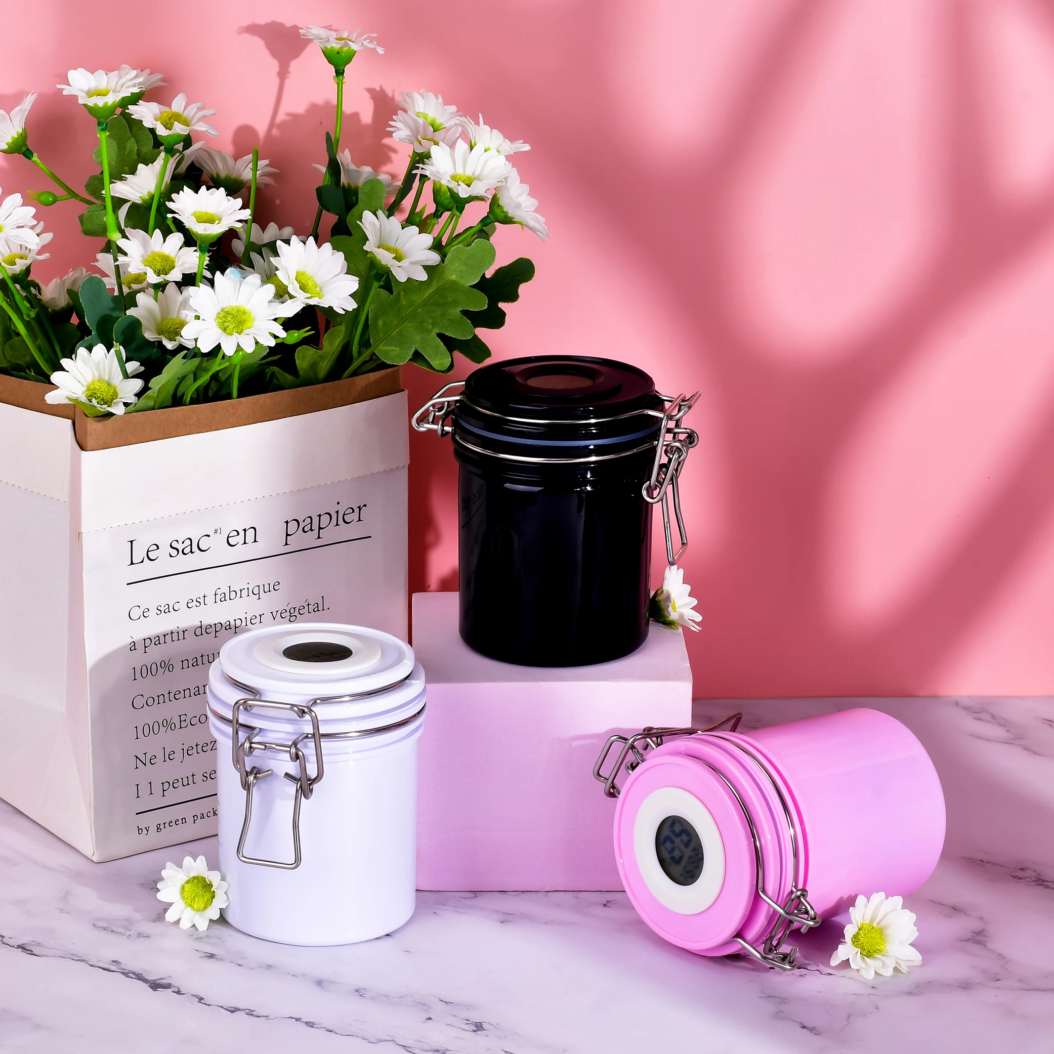 Wholesale 200ml 250ml white pink black PET plastic airtight lotion cream food canister cosmetic pot seal jars with thermometer