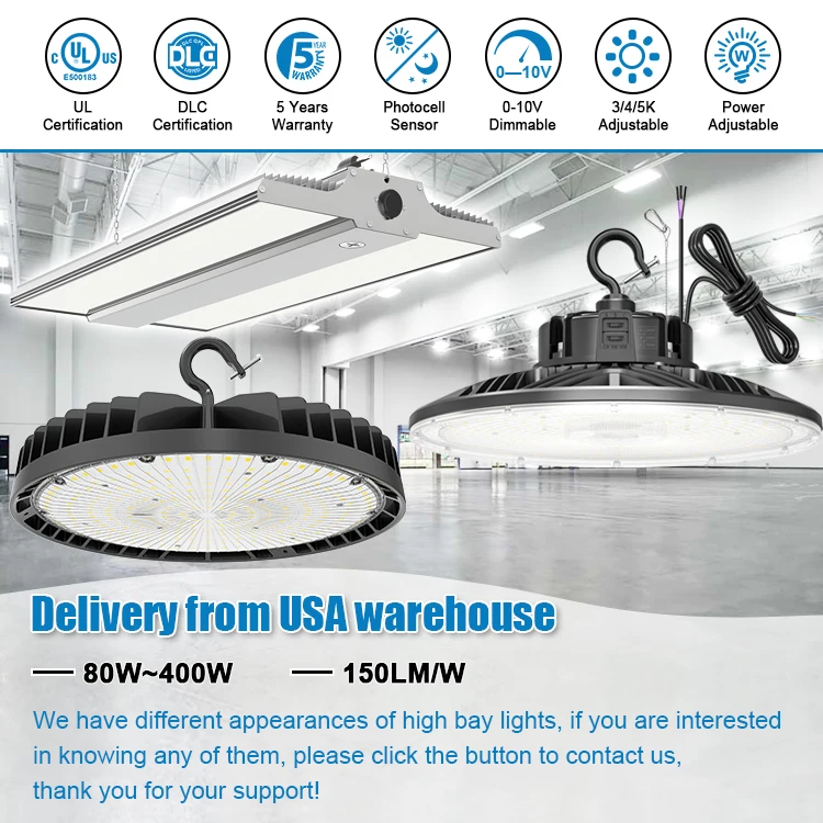 100W-400W UFO LED Industrial Lighting High Bay Light Fixture Aluminum IP65 Warehouse Garage Factory Canopy UFO High Bay Light