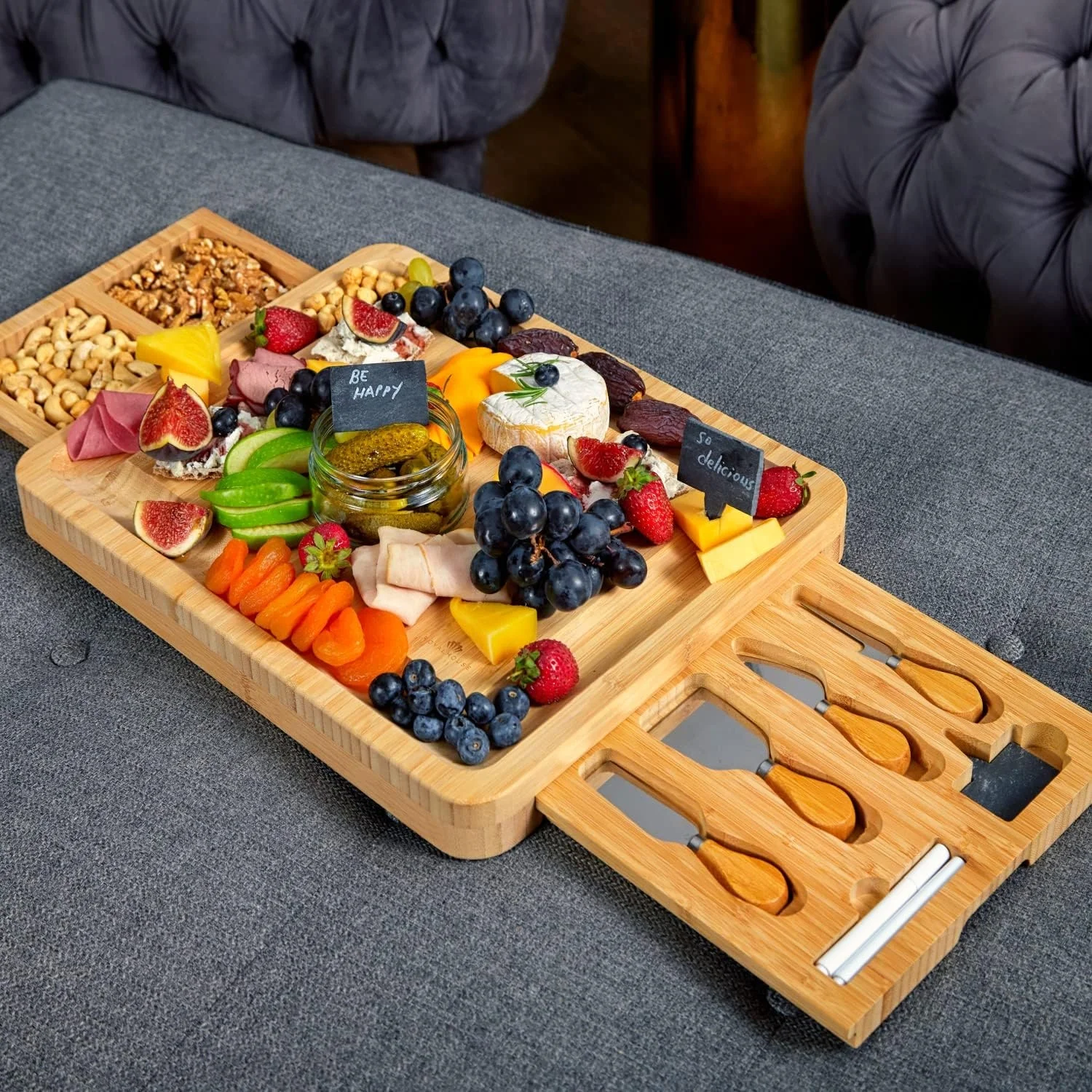 Wood Chopping Blocks Bamboo Cheese Board with Cheese Tools, Cheese Plate Charcuterie Platter with Utensils Set