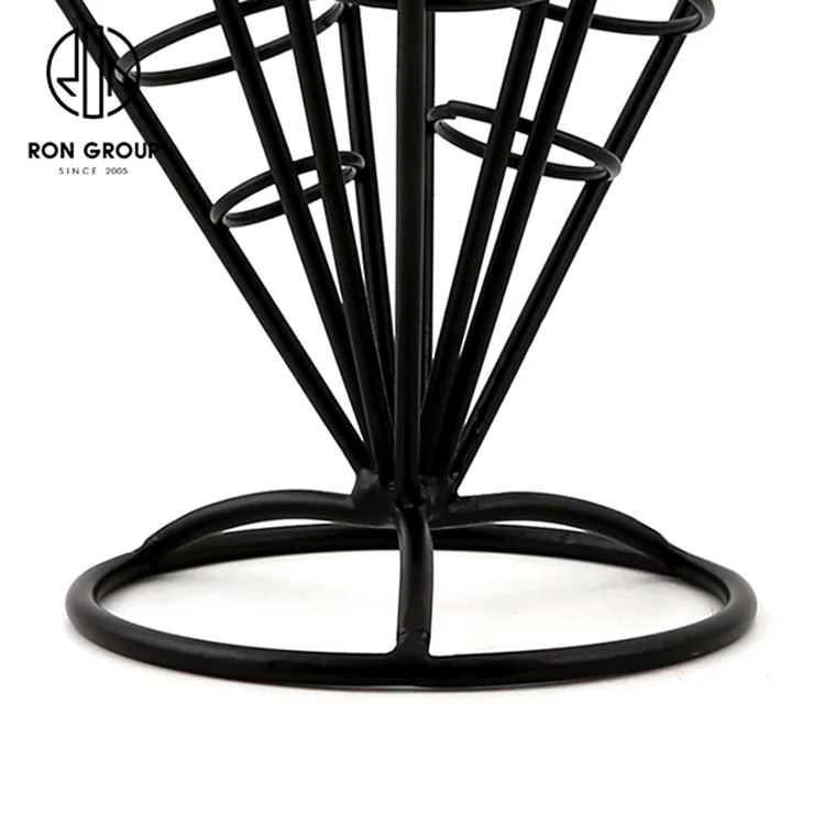 High Quality Restaurant Use Kitchenware Snacks Metal Basket Rack Display Wire Iron Matte Black 3 Cones French Fry Holder Stand