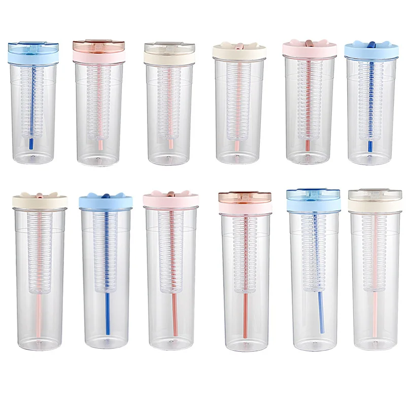 Summer hot selling student lemon juice clear filter plastic water bottle ins outdoor sport bottle with straw