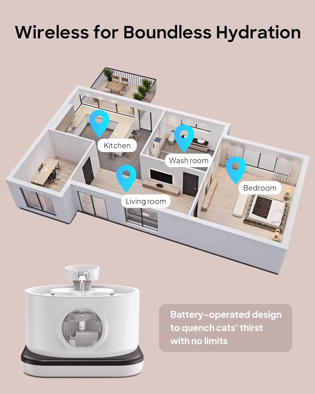 Wireless Sensor Cat Water Fountain Rechargeable Automatic Pet Water Feeder 95oz/2.8L Cat Water Dispenser