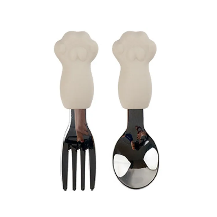 OEM/ODM Food Grade Silicone Stainless Steel Baby Fork and Spoon Set Children Safe Flatware Feeding Utensils for Toddler Child