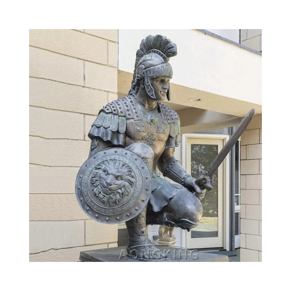 Ancient roman warrior with shield and spear gladiator bronze statue for sale