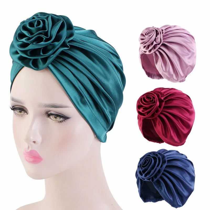 Women Emulation silk plate flower turban Muslim Decoration hat Lady beauty cosmetics in Hair cover hat