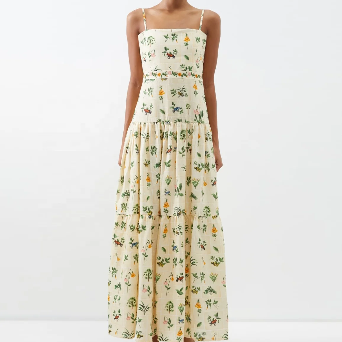 Oem Custom High Quality Lady Casual Elegant Floral Print Slip A Line Dress Ruffle Cotton Linen Long Maxi Dresses For Women